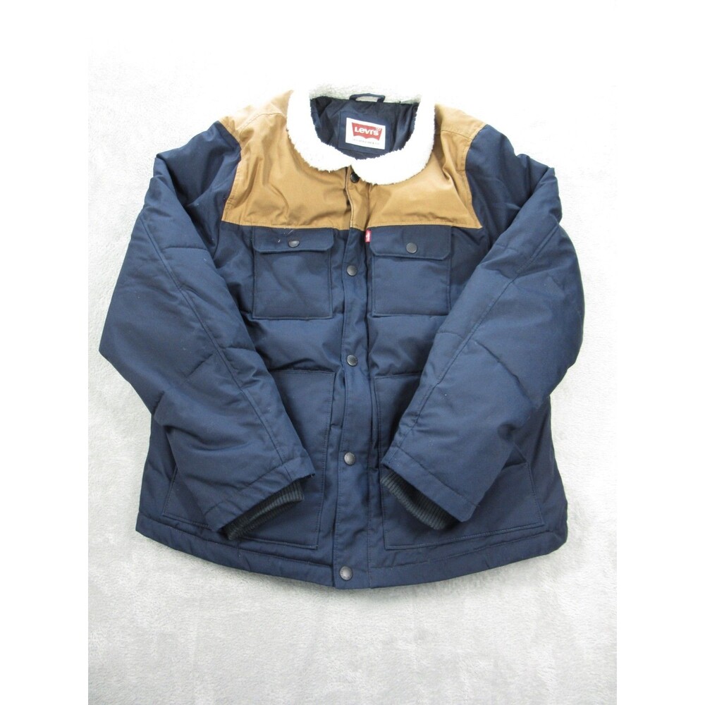 Levi's Quilted Winter Jacket Mens Sz M  Navy & Tan Sherpa Collar Snap Buttons
